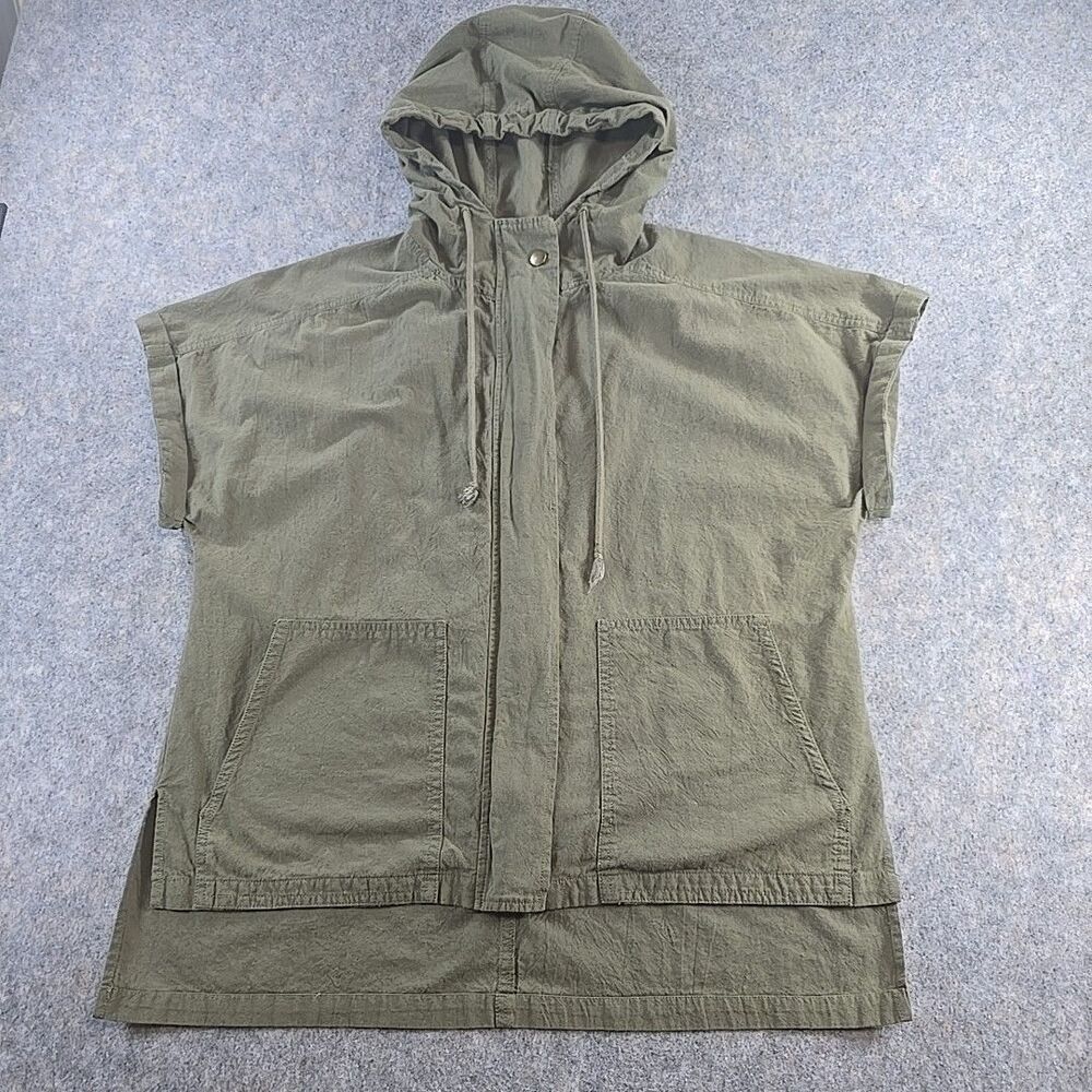 Hem & Thread Olive Green Full Zip Cap Sleeve Hooded Vest One Size 100% Cotton